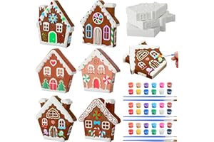 Vertintong 6 Pcs Ceramic Christmas Gingerbread Village House to Paint Craft Kits, Xmas Paintable Ceramics Plaster Crafts with Paint Brushes for Xmas Party Art Project DIY Tabletop Decoration