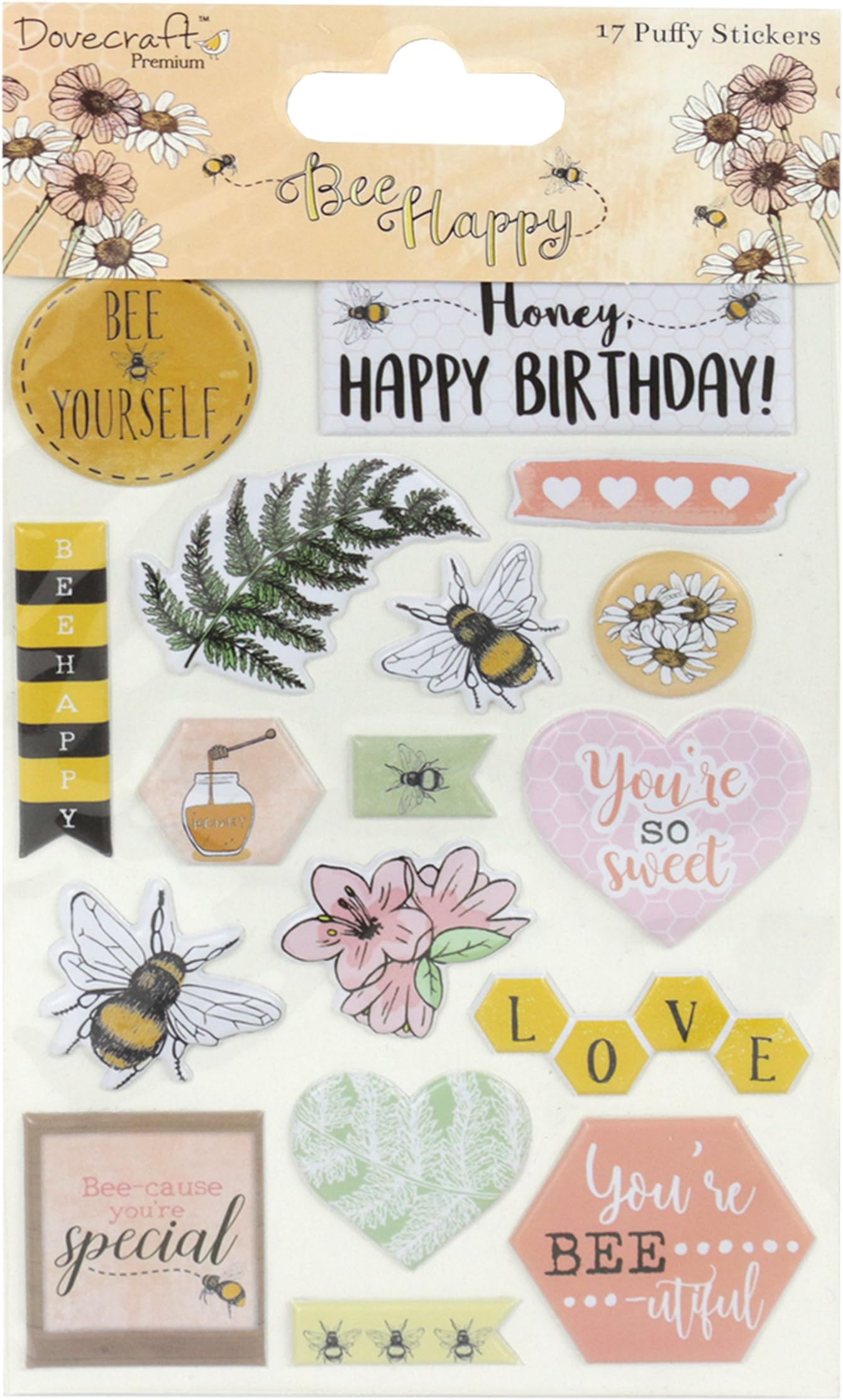Dovecraft Premium Bee Happy Paper Craft Collection - Puffy Stickers (17pcs)