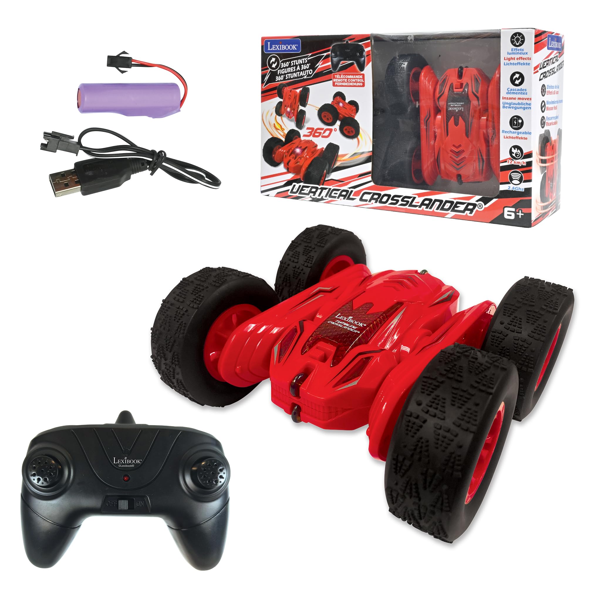 LEXIBOOK, Vertical Crosslander®, All-terrain remote control car, up to 12km/h, light effects, several positions, gravity sensor, 2.4Ghz remote control included, rechargeable, RC55