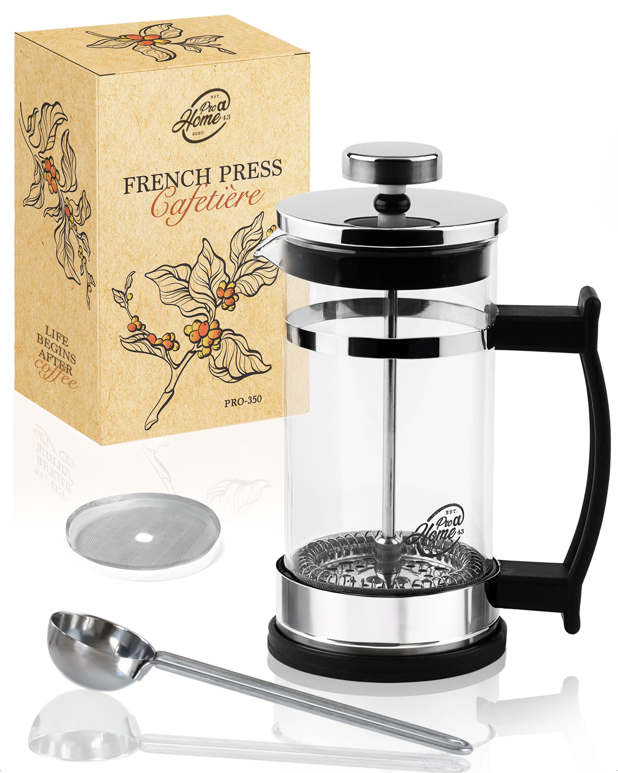 Pro@Home43 French Press Coffee & Tee Maker 0.35L for 2 Cups (0.6L also available) Heat Resistant Borosilicate Glass Coffee Press 350ml including Stainless Steel dosing Spoon, delivered in giftbox