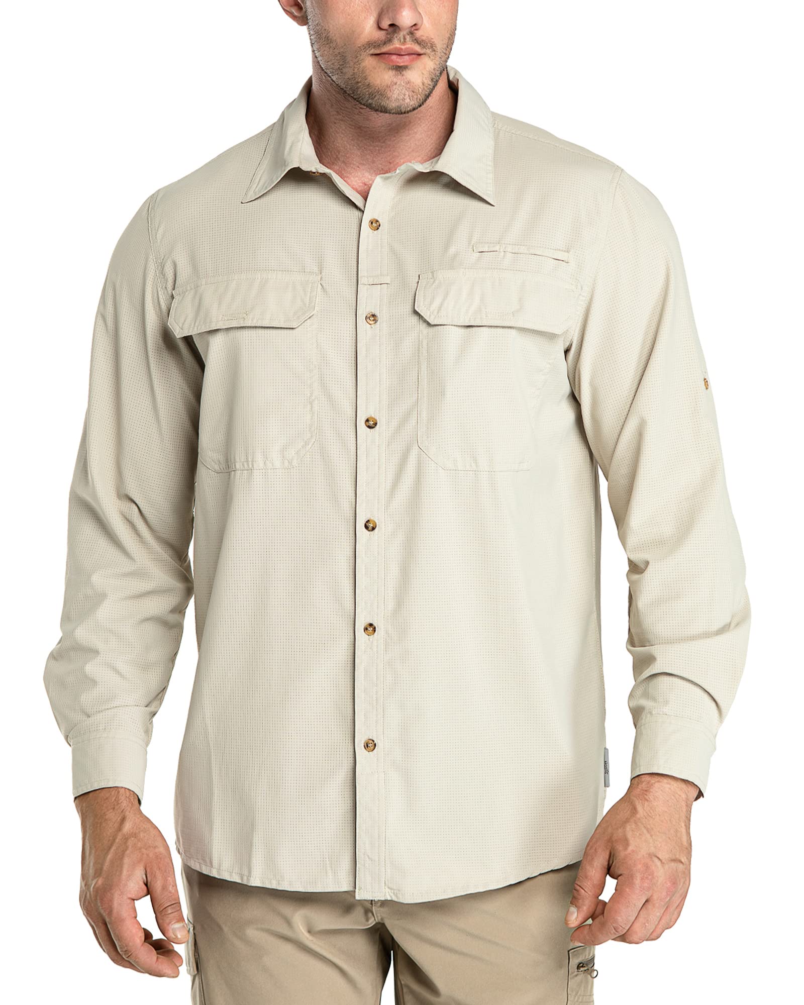33,000ft Herren Sportshemd Langarmhemd Atmungsaktives Funktionshemd Schnelltrocknende Shirt Outdoorhemd für Männer Frühling Sommer Herbst Wandern Angeln Shirts Khak L
