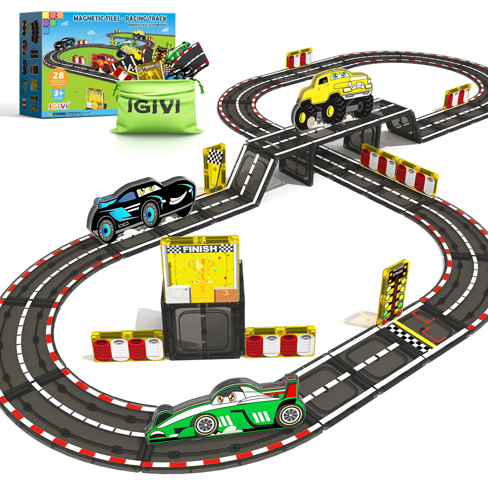 IGIVI Magnetic Tiles Racing Track & Road Expansion Set with Magnet Car, Magnetic Block Building Toys Games for Toddler Kids, STEM Montessori Toys for 3+ Year Old Boys & Girls, Car Lovers Must Haves