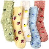 Chicingyou 5 Pairs Womens Fuzzy Socks Cute Fruit Retro Brown Floral Soft Fuzzy Microfiber Winter Warm Sleeping Slipper Socks