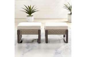 Gardenbee 2 Pieces Outdoor Patio Ottoman, All-Weather PE Rattan Ottomans Footstools with Removable Cushions & Anti-Rust Steel Frame Legs for Garden Backyard Porch Deck, Beige