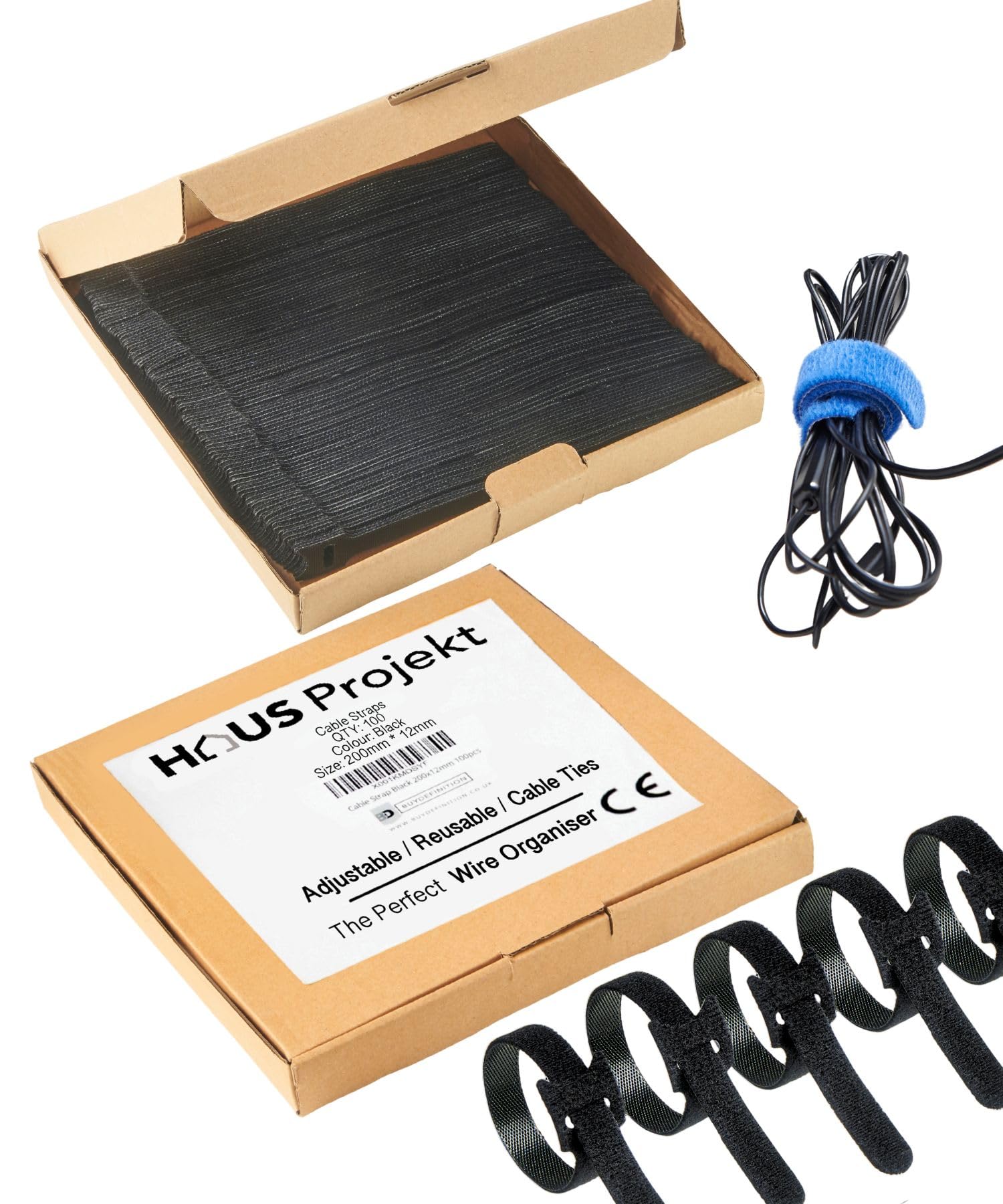 100pcs in Tidy Box, Reusable Cable Ties, Black Strong Adjustable Hook and Loop Cable Fastening Straps, Tidy Wraps, Wire Tie, Cable Organiser for Offices, Home, USB Data Cables Management, 200x12mm