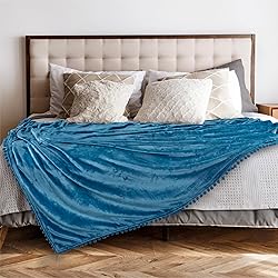PAVILIA Teal Blue Throw Blanket Pom Pom for