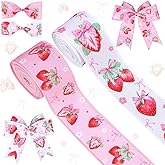 Serencatcher Strawberry Bow Wired Ribbon 2 Rolls 10 Yards, Pink Bow Strawberry Fabric Ribbon 2.5 Inch Summer Fruit Ribbon for Gift Wrapping Wreaths Bows DIY Crafts Birthday Party Decorations