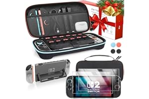 Kuject Switch 2 Carrying Case and Screen Protectors Accessories Bundle – 2 Screen Protectors, Clear Dockable Protective Shell, Ergonomic Joycon Grip Covers & 12 Games Cartridges Hard Shell Travel Case