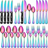 EUIRIO 24 Piece Rainbow Silverware Set with Steak Knives Stainless Steel Flatware Set for 4 Cutlery Utensil Set Mirror Polished Dishwasher Safe for Home Restaurant