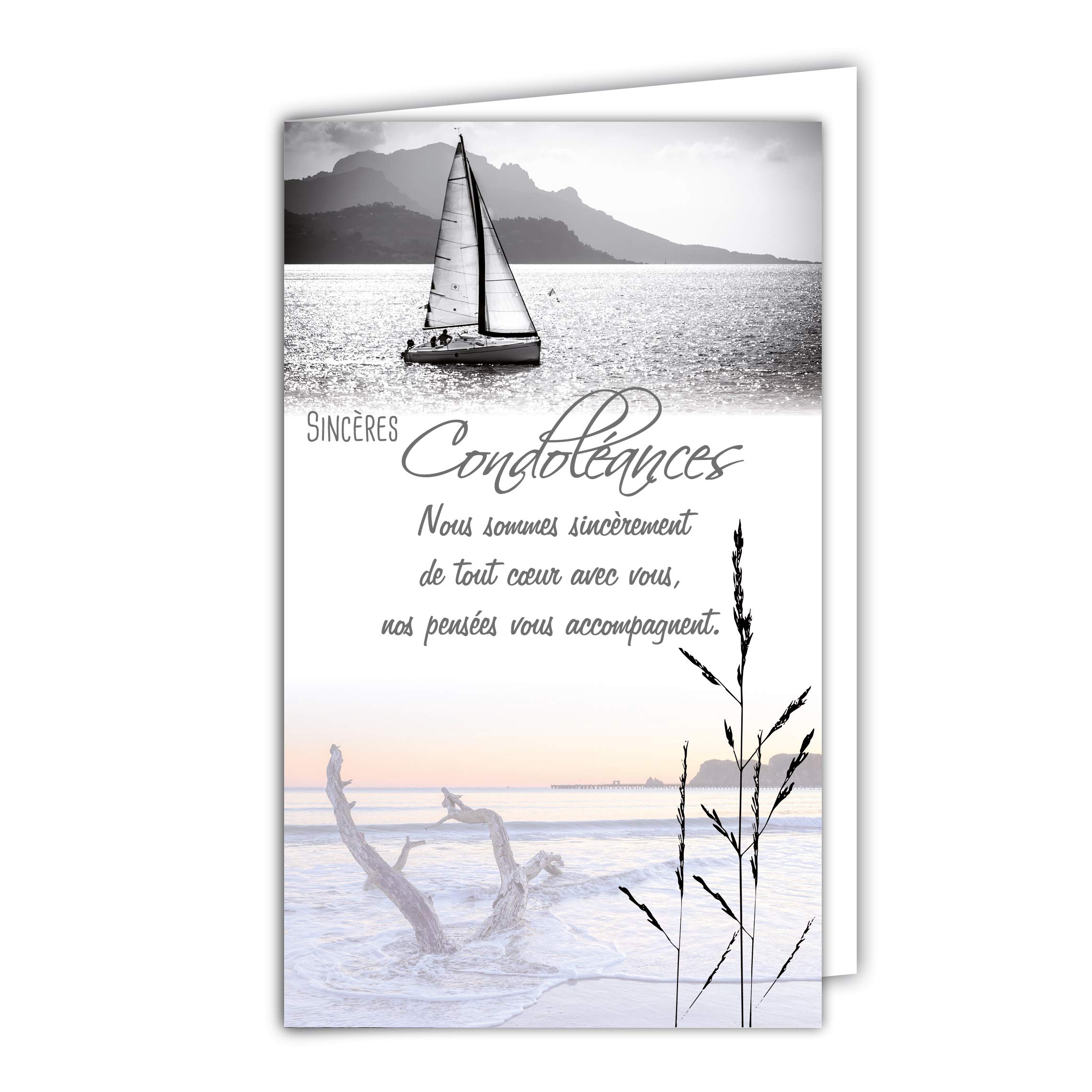 Afie Sincere Condolence Card - Small - Grey - Peaceful Landscape - Sea Boat - Grass - Made in France