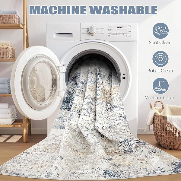AREA RUG LIVING ROOM RUGS – 9X12 ABSTRACT LARGE SOFT INDOOR WASHABLE RUG NEUTRAL MODERN LOW PILE CARPET FOR BEDROOM DINING ROOM FARMHOUSE HOME OFFICE – BEIGE BLUE