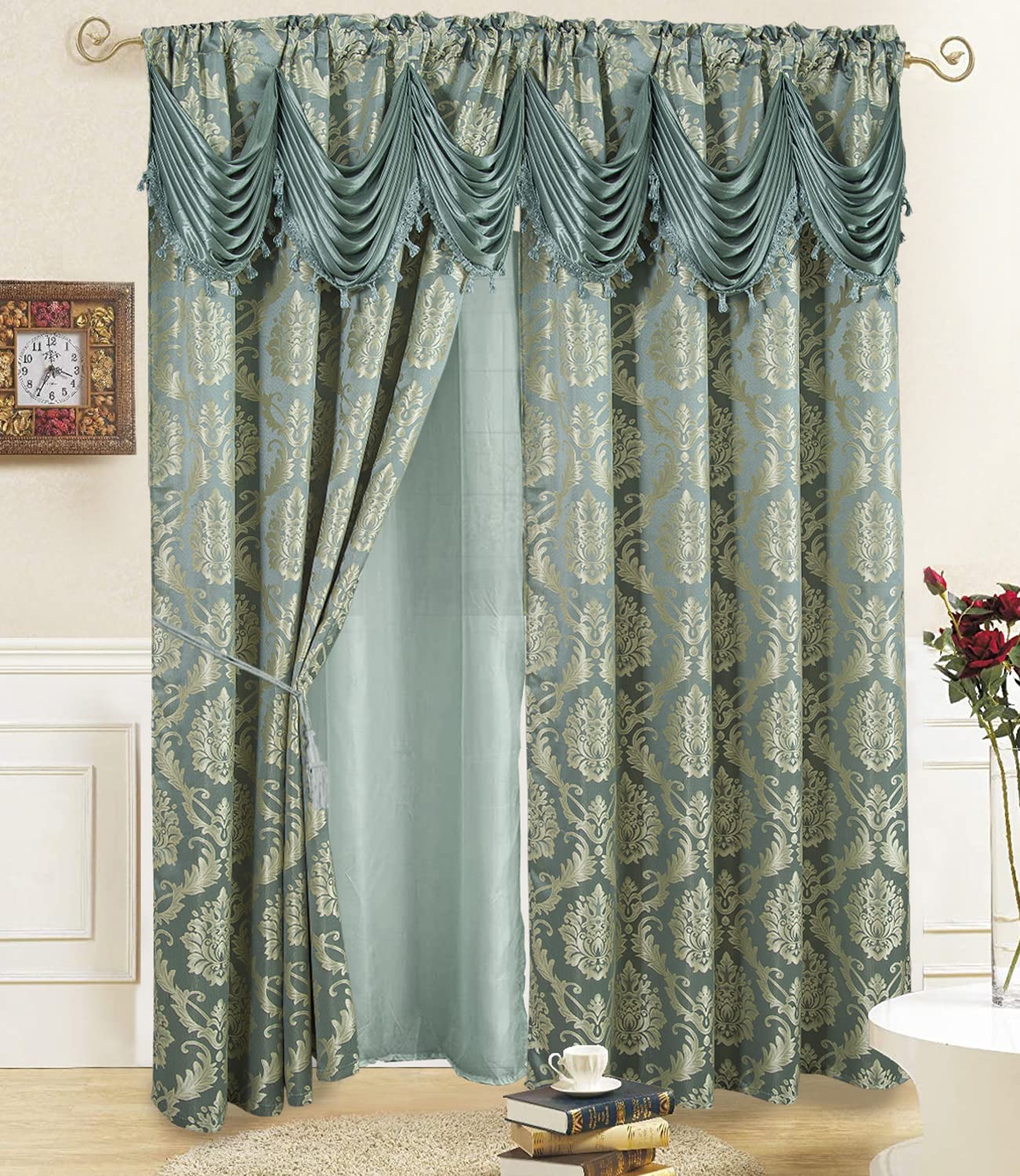 Jacquard Window Luxury Curtains for Living Room and Bedroom 54 W x 84 L Inches - 2 Panel Set with Attached Valance, Backing and 2 Tie Backs Elegant Fancy Design Cortinas Para Sala (Grove)