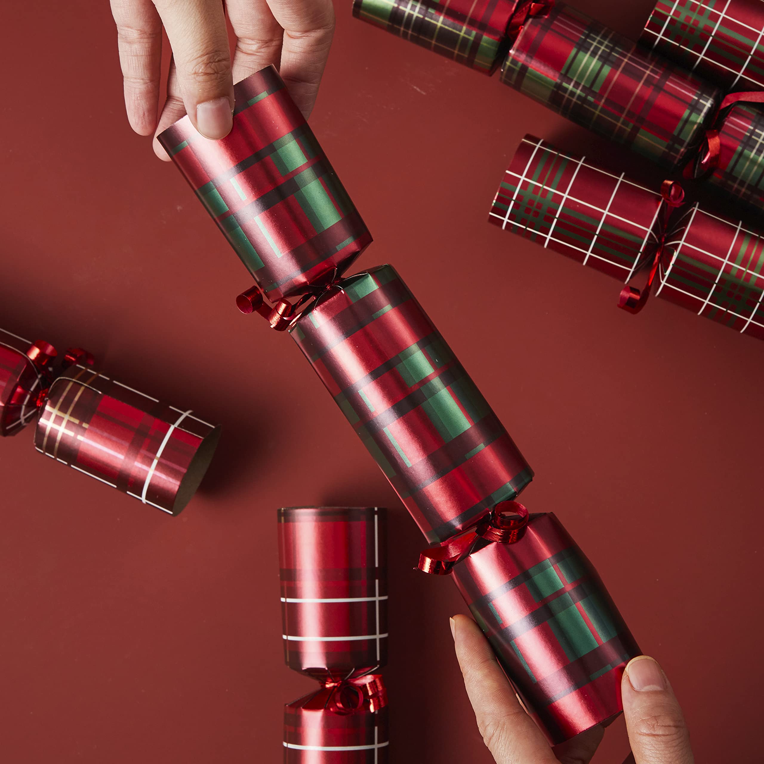 JOYIN 8 Pack Christmas Non-Snap Party Favor, Red Check Plaid Party Table Favor Includes Party Hat, Jokes & Gifts, Xmas Gifts Prizes for Christmas Holiday Dinner Traditions Supplies