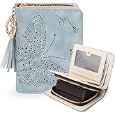 KITEVIUN Women RFID Blocking Small Bifold Wallet, Compact Cash Clutch with Zipper Coin Pocket, Glittery Butterfly Design, Credit Card Holder, Travel Purse with Tassel BLUE