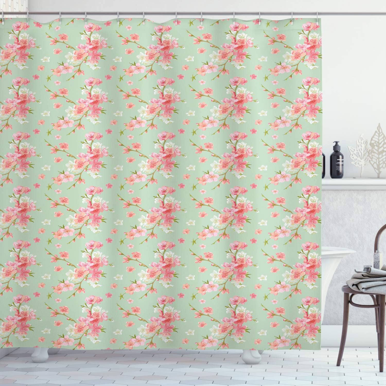Ambesonne Shabby Flora Shower Curtain, Retro Spring Blossom Flowers with French Garden Florets Garland Artisan Image, Cloth Fabric Bathroom Decor Set with Hooks, 84" Long Extra, Mint Pink