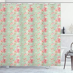 Ambesonne Shabby Flora Shower Curtain, Retro Spring Blossom Flowers with French Garden Florets Garland Artisan Image, Cloth Fabric Bathroom Decor Set with Hooks, 84" Long Extra, Mint Pink