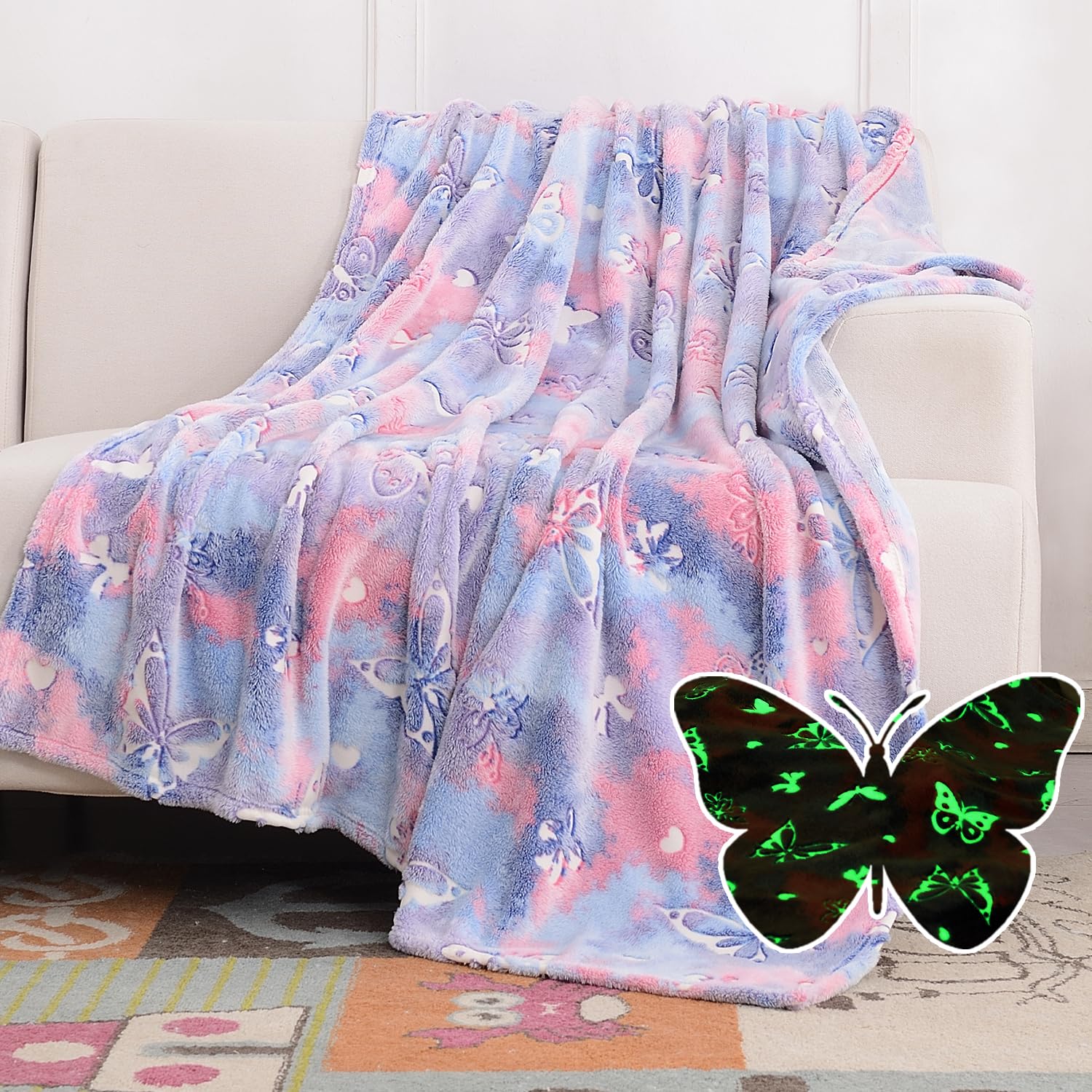 SOCHOW Glow in The Dark Throw Blanket 150cm × 200cm, Butterfly Pattern Soft Cozy Flannel Fleece Blanket for Girls, All Seasons Purple Blanket for Kids