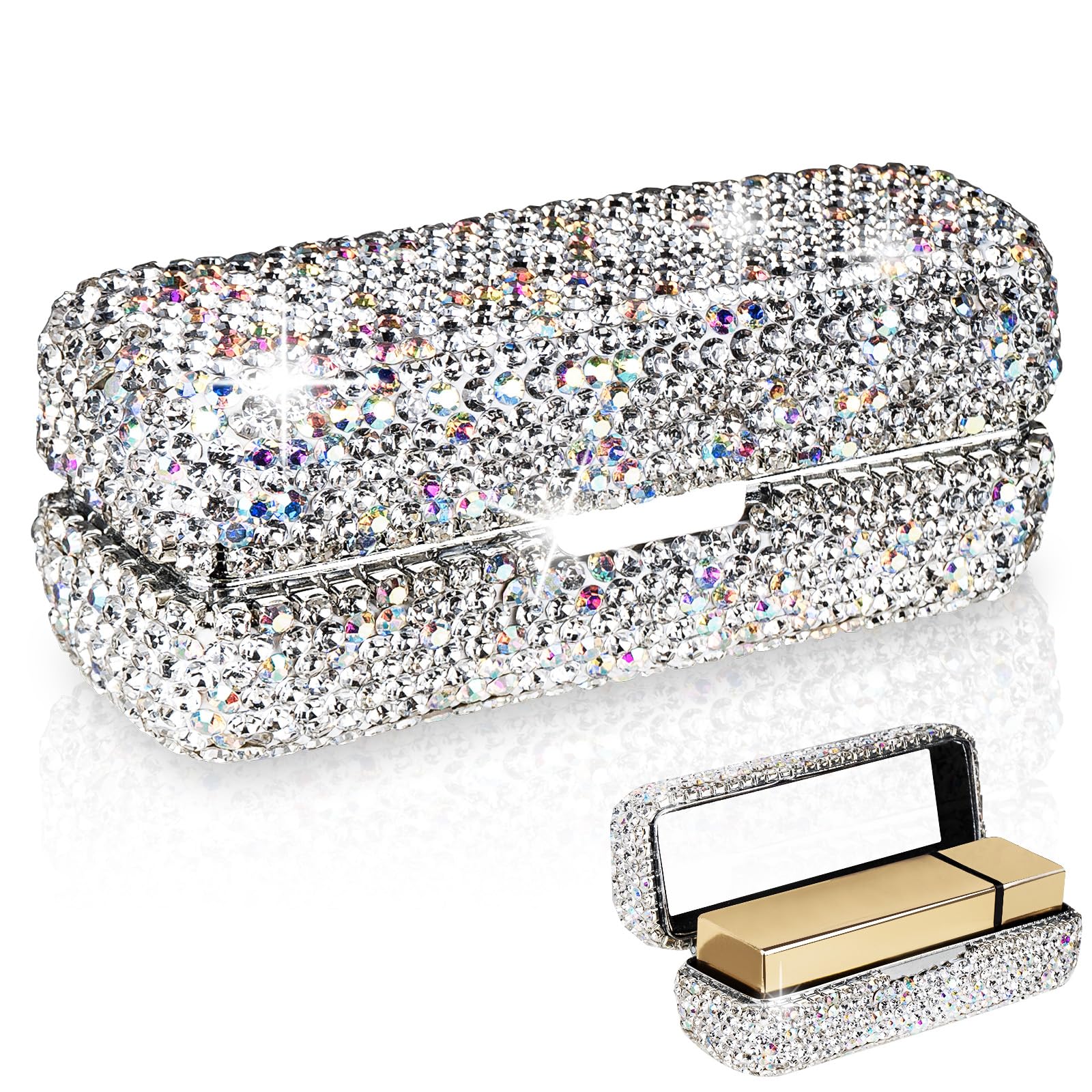 Adorila Lipstick Case with Mirror, Rhinestone Crystal Lipstick Organizer for Travel, Portable Bling Diamonds Lip Gloss Storage Holder, white