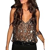Women Y2k Sequin Halter Top Sheer Mesh Embroidered Beaded Cami Top Sleeveless Backless Sparkly Crop Tops