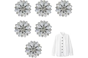6Pcs Flower-Shaped Crystal Buttons, Button Covers Decorations Supplies for Women Blouses, Silver Floral Design Rhinestone But