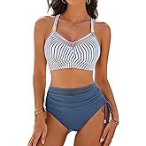 Blooming Jelly Women High Waisted Bikini Sets Tummy Control Swimsuits Modest Mesh Metal Crisscross Back Bathing Suit