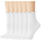 Mcool Mary Womens Crew Socks Ruffle White Casual Cotton Frilly Breathable Cute Knit Lettuce Trim Ankle Socks 6 Pack