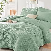 HYMOKEGE Sage Green King Size Comforter Set Seersucker 7 Pieces, All Season Luxury Bed in a Bag for Bedroom, Bedding Set with Comforters, Sheets, Pillowcases & Shams
