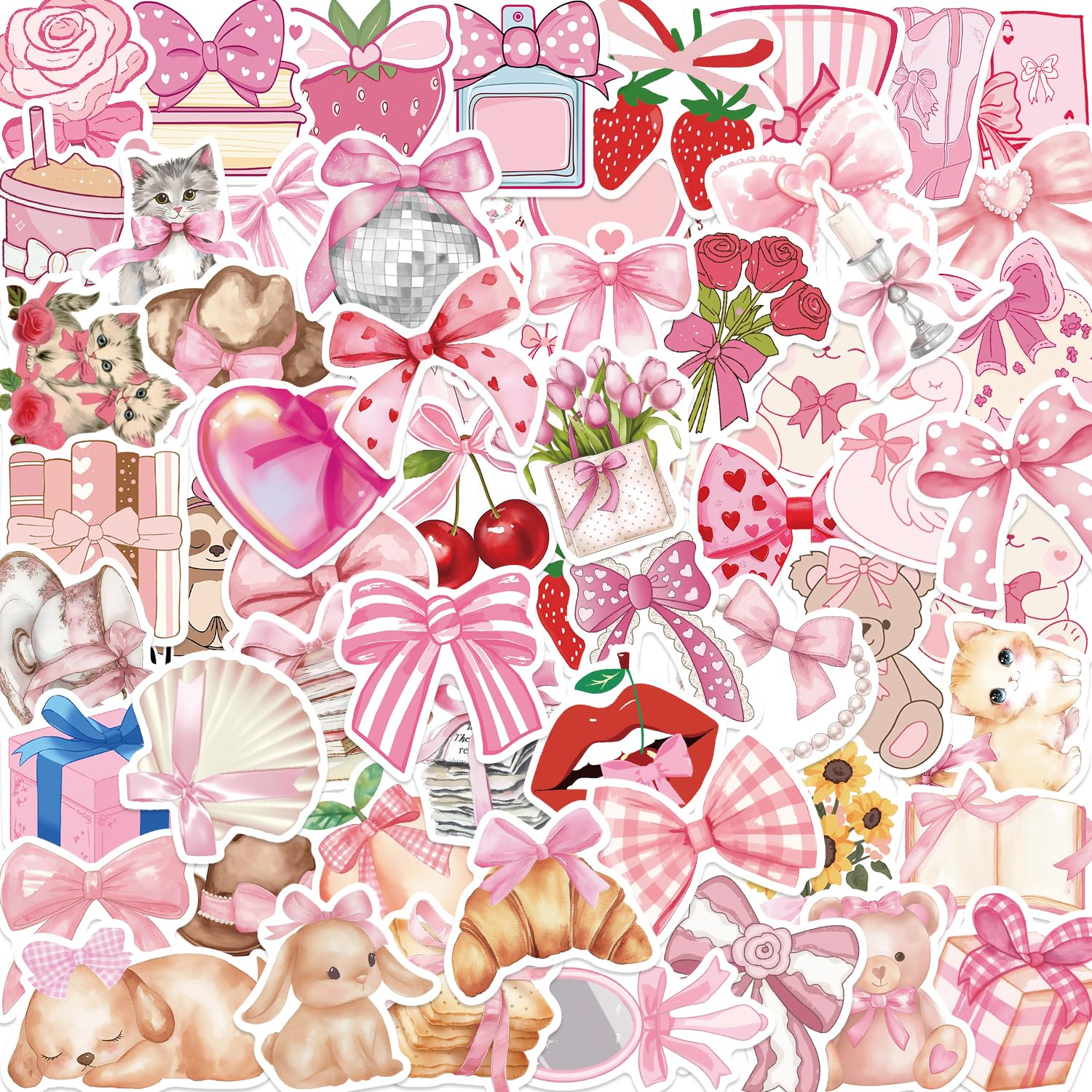 Photo 1 of 100PCS Coquette Stickers Pink Aesthetic Stickers Pack Cute Bow Tie Stickers for Girls Pink Sticker for Laptop Vinyl Waterproof Sticker Aesthetic Decals