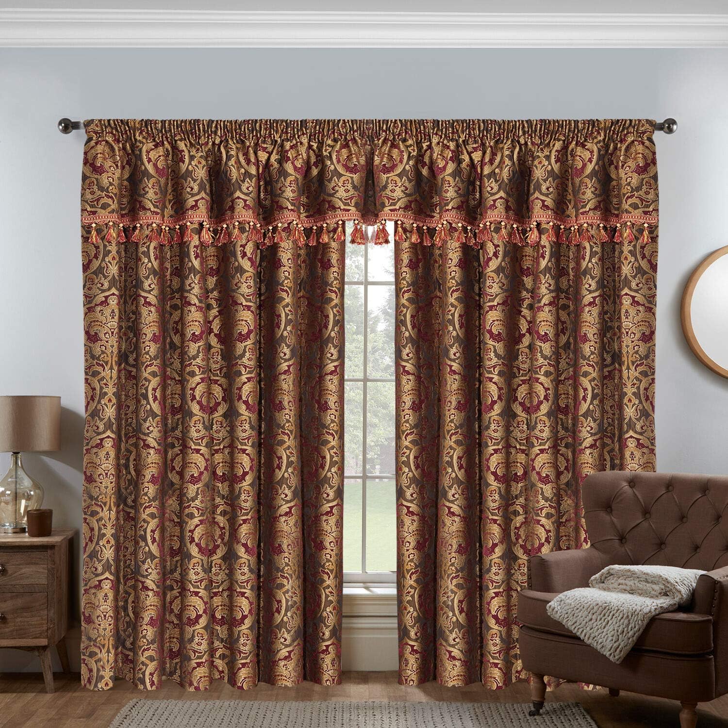 Oxford Homeware Heavy Weight Jacquard Burgundy Curtains Fully Lined