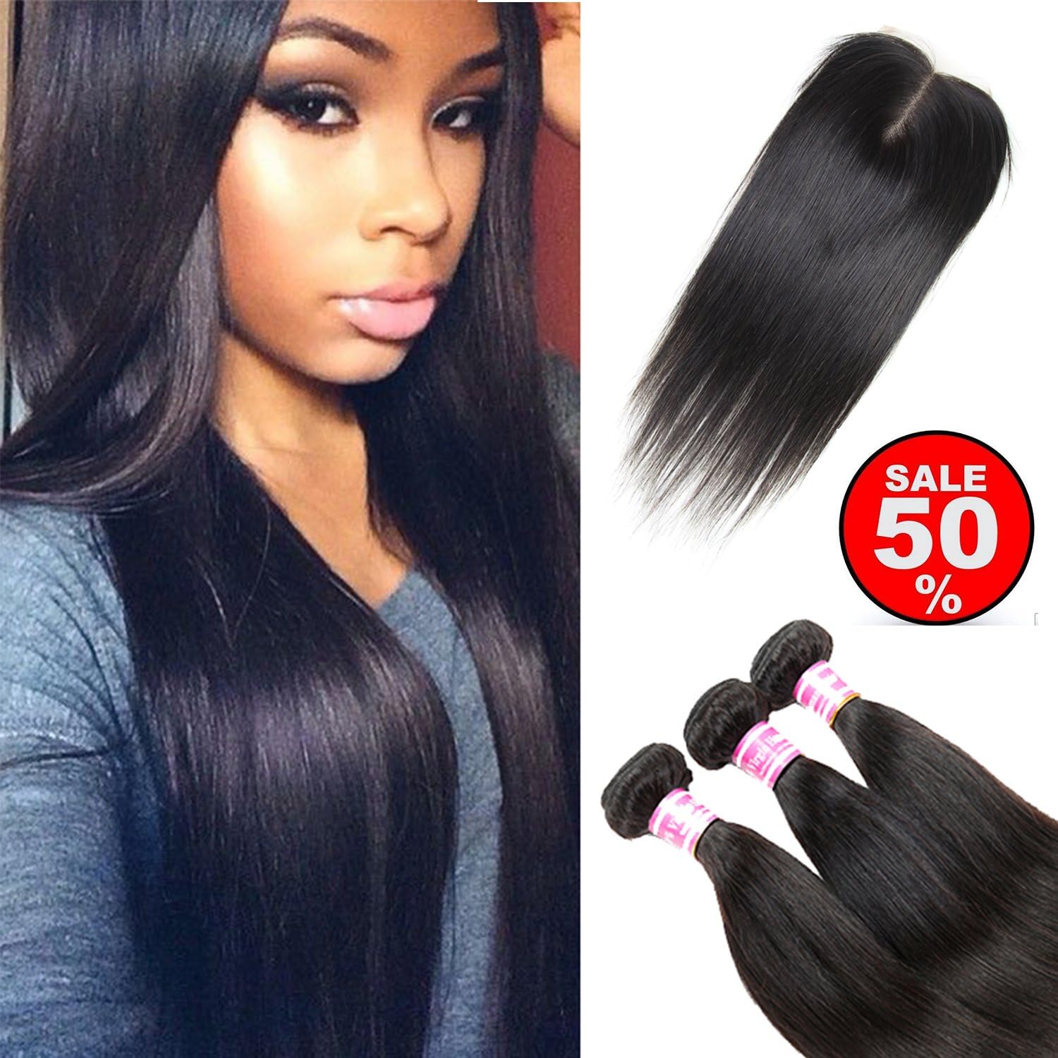 Fastyle Hair Brazilian Virgin Hair Straight Human Hair Bundles with Top Lace Clousre 100% Unprocessed Straight Remy Hair Extensions and 4"x4" Middle Part Closure Natural Color (18 20 22+14)