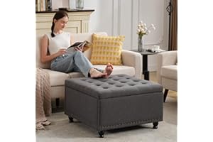 Tbfit Large Square Storage Ottoman Bench, Tufted Upholstered Coffee Table with Storage, Oversized Storage Ottomans Toy Box Footrest for Living Room, Dark Grey