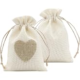20 Pack Heart Burlap Gift Bags With DIY Tags - 4x6 Inch Drawstring Bags For Candy, Wedding Favors, Holidays