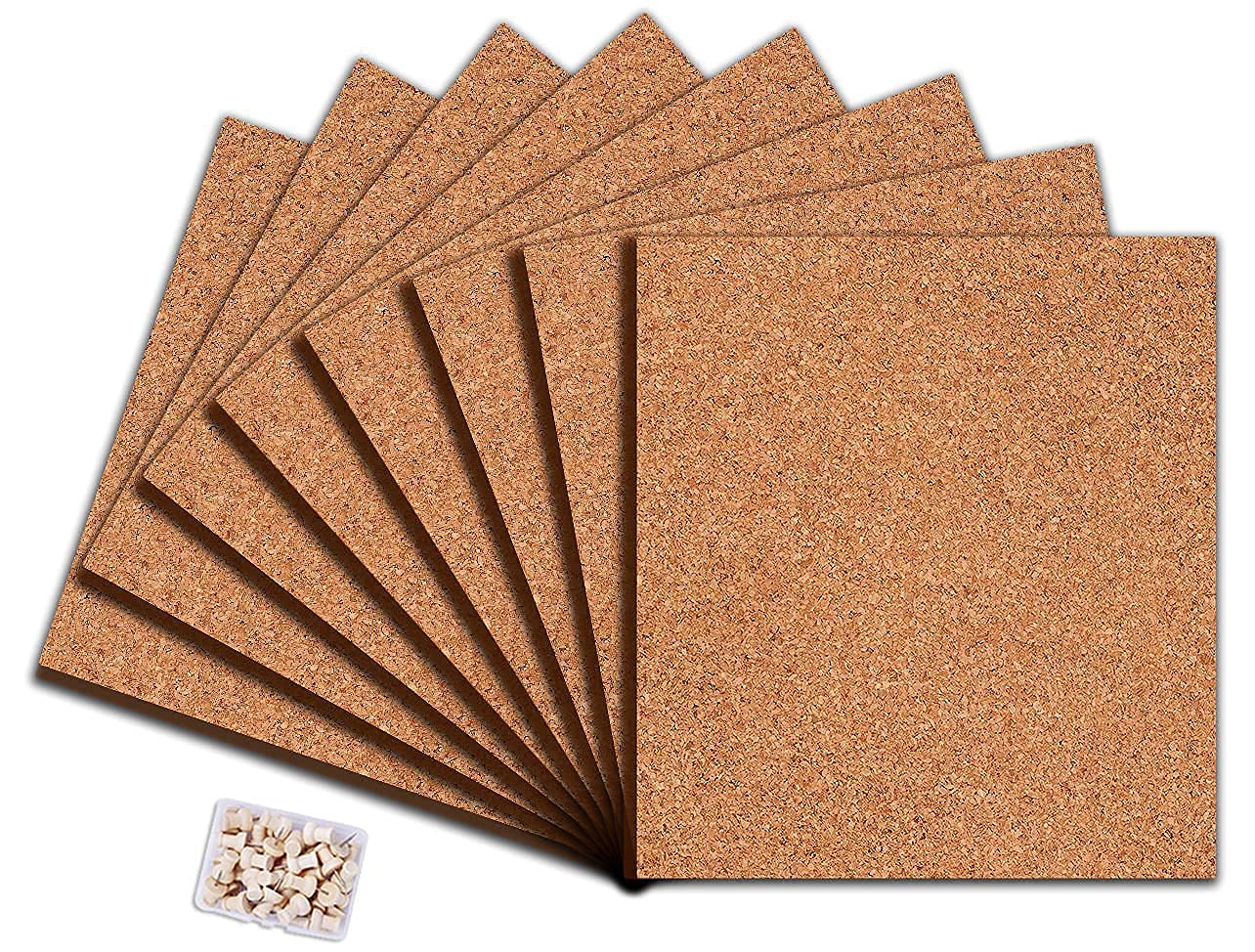 Square Cork Board Tiles with Full Sticky Back, Big Size Cork Board, Small Wall Bulletin Boards Mini Pin Board with 50 Push Pins for Pictures, Photos, Drawing Pack of 8 (30cmx26cmx0.6cm)