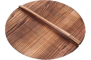 WATIIFUFU Carbonized Vintage 36cm Cast Iron Wok Lid with Natural Cedar Wood Cover, Household Kitchen Pot