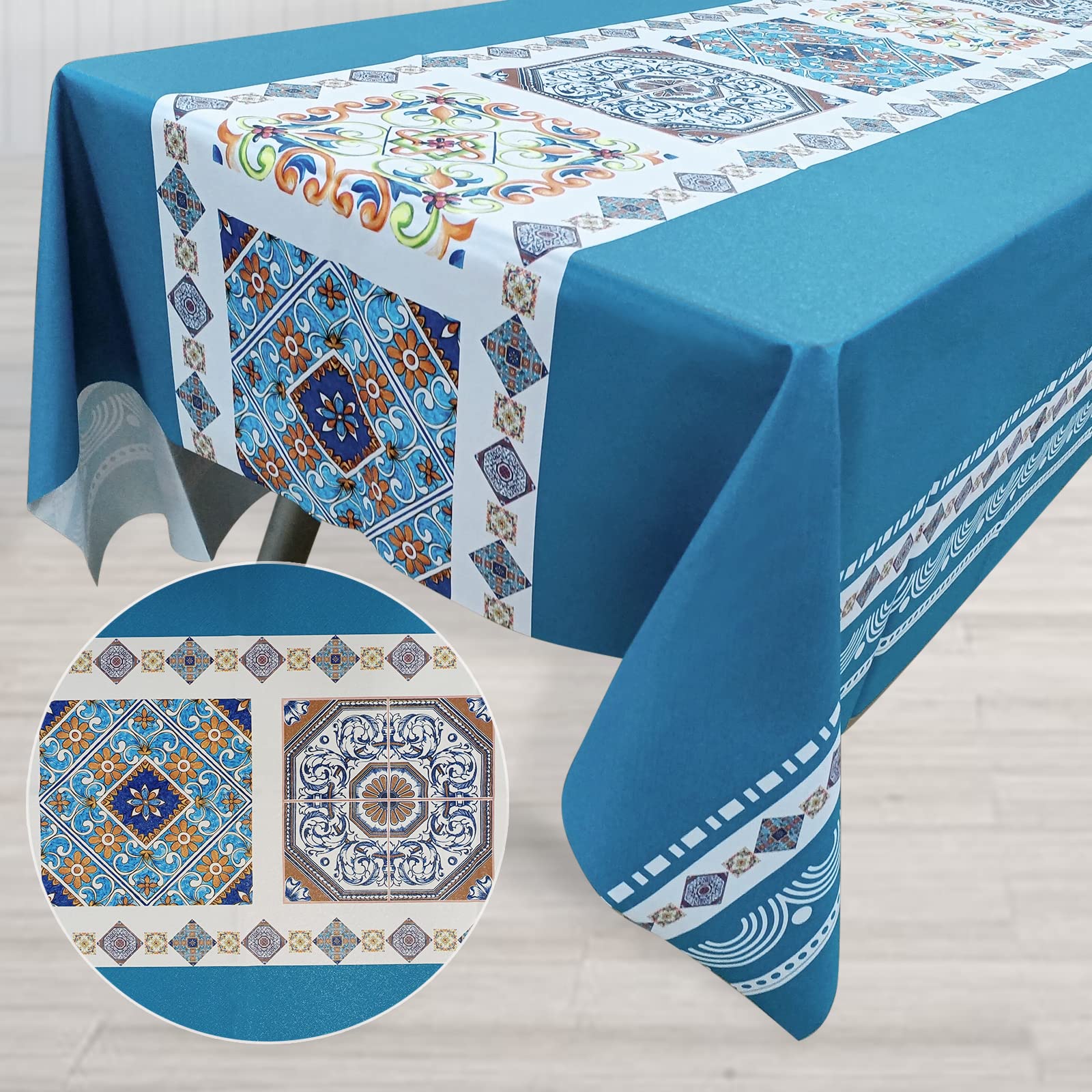 Bishilin Blue Table Cloth, Outdoor Table Cloth Waterproof Kitchen Dining Retro Pattern 120x120cm (47x47)