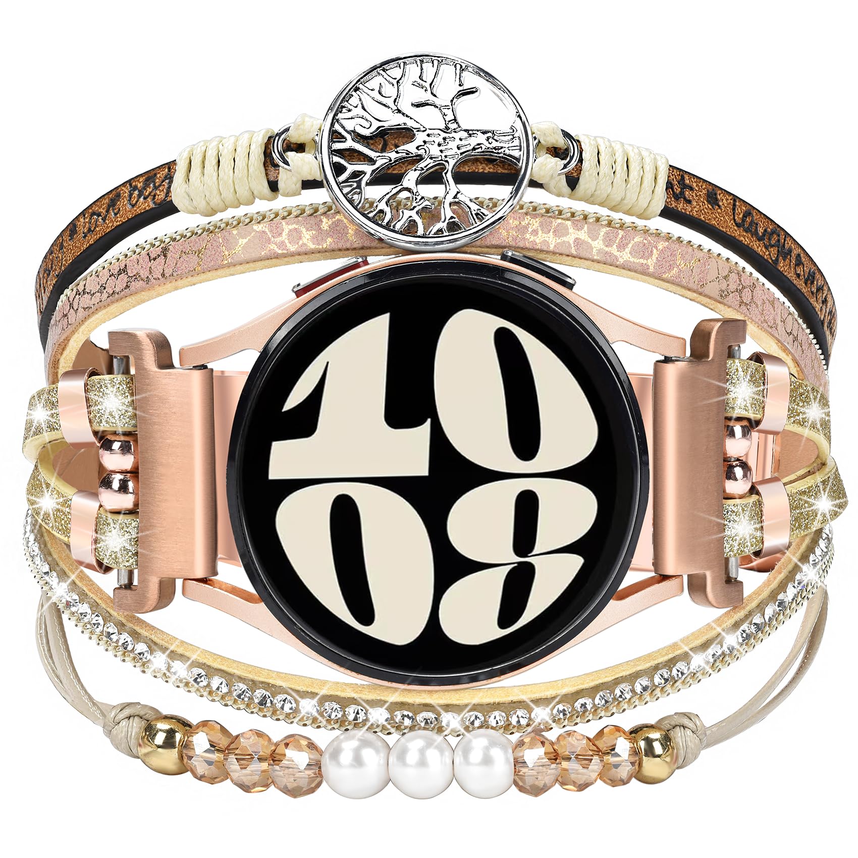 Boho Leather Bracelet for Samsung Galaxy Watch 8/7/6/5/4 Band 40mm 44mm Women, 20mm Handmade Multilayer Beaded Watch Bands for Watch 8 6 Classic 43mm/Watch 5 Pro/Watch4 Classic 42mm/Galaxy Active 2