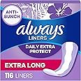 Always Daily Extra Protect Liners, Extra Long Length, Unscented Panty Liners, Feel Clean and Comfortable for up to 10 Hours, 116 Count (Packaging May Vary)