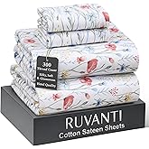 RUVANTI 100% Cotton Sheets Queen Size Bed Set - 300 Thread Count Silky Soft Sateen Weave, Cooling, Lightweight & Breathable, 16" Deep Pocket, Durable & Luxury Satin-Like, 4 Piece, Sweet Pea Fest