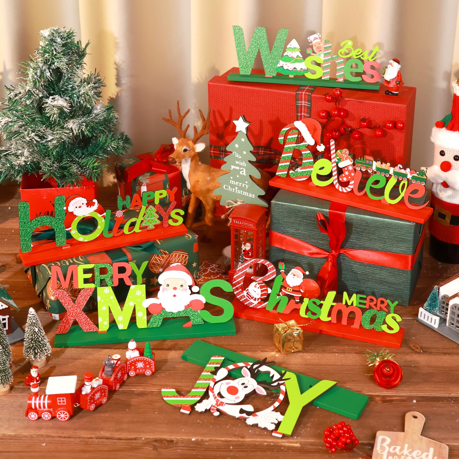 Hommtina 6 Pcs Christmas Table Decorations, Merry Christmas Tabletop Wooden Sign Indoor Christmas Decorations for Dinner Party Coffee Table