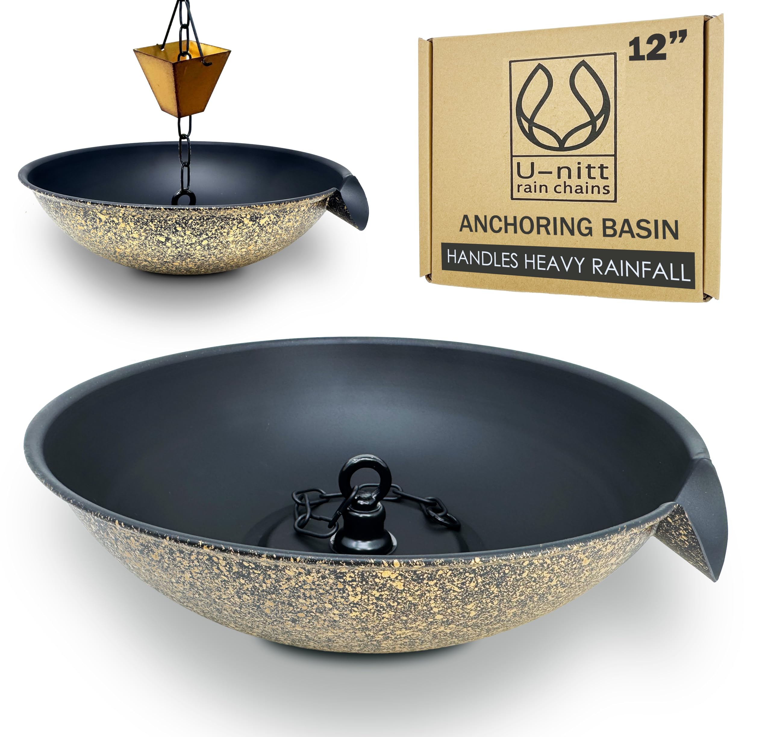 Photo 1 of U-nitt 12" Spill Bowl Downspout Catch Basin for Rain Chain Anchoring & Stake | Rainwater Collection for Roof |Gutter Catch Basin | Good for Water Fountain & Birdbath | Black | Handles Heavy Rain