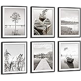 Framed Lake Picture Wall Art: Dock Nature Scenery Calming Pier Boat Landscape Print Artwork 6 Piece Vertical Bathroom Bedroom