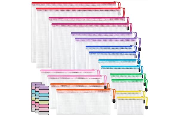 JARLINK 18 Pack 8 Sizes Mesh Pouch, 9 Colors, Zipper File Bags Document Multipurpose Travel Bags for Office, School, Board Ga