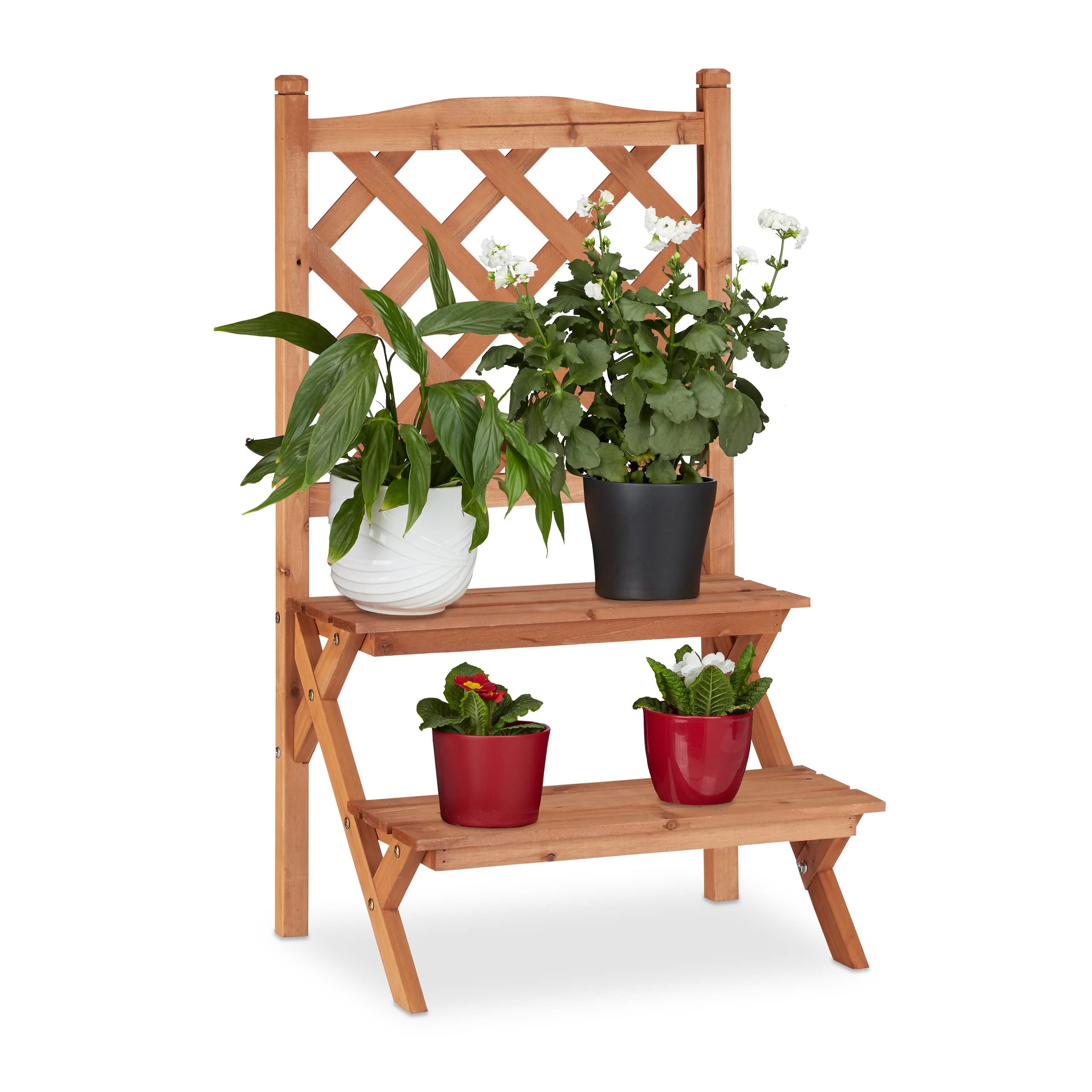 Relaxdays Flower Display Rack with Trellis, 2-Tiers For Flower Pots and other Plants, Fir Wood, HWD: 89x51x40, Natural