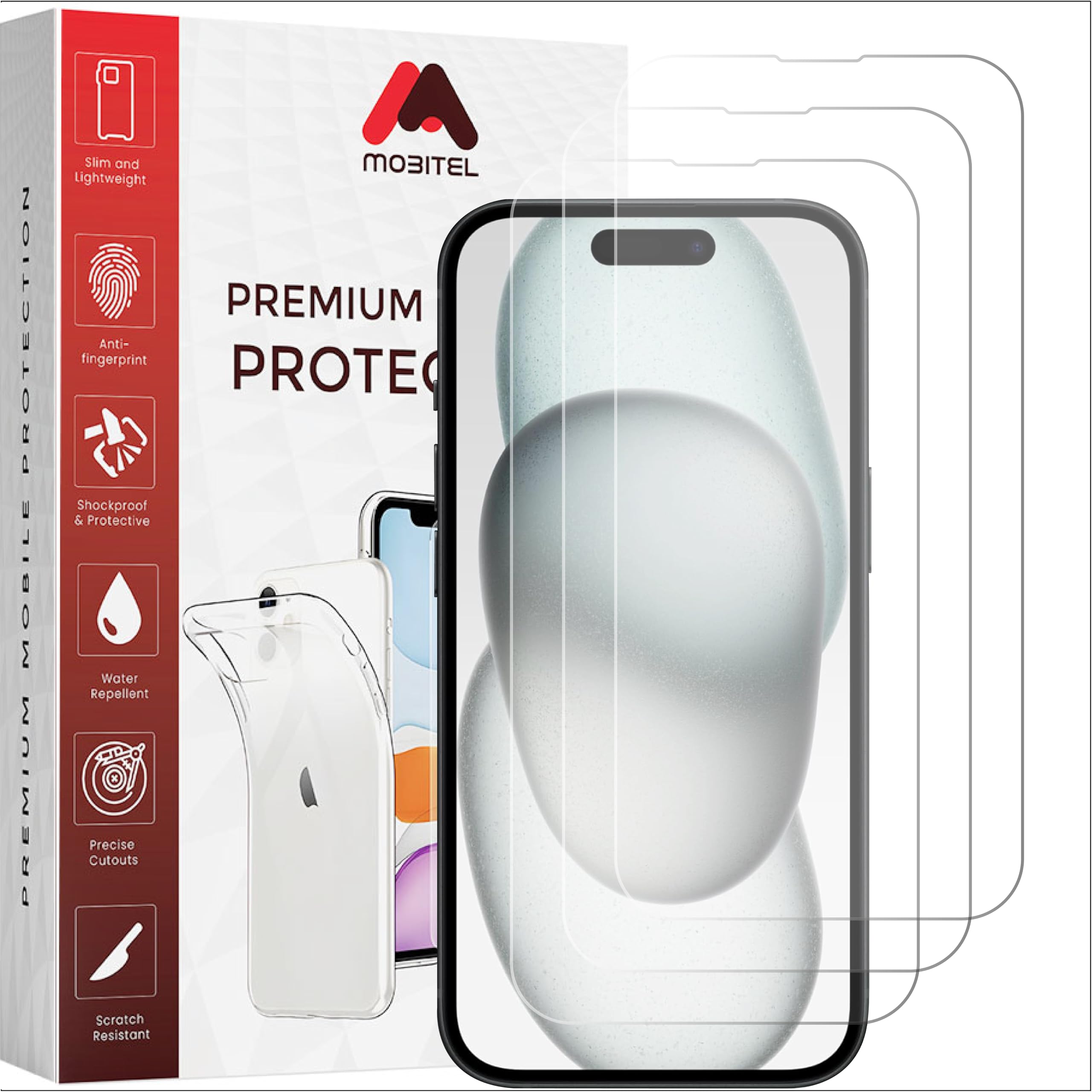 Mobitel 3-Pack Screen Protector 9H Tempered Clear Glass HD Clear Anti-Scratch Anti-Bubble Case-Friendly Easy Installation (iPhone 15 Pro Max / 15 Plus / 16 Plus)