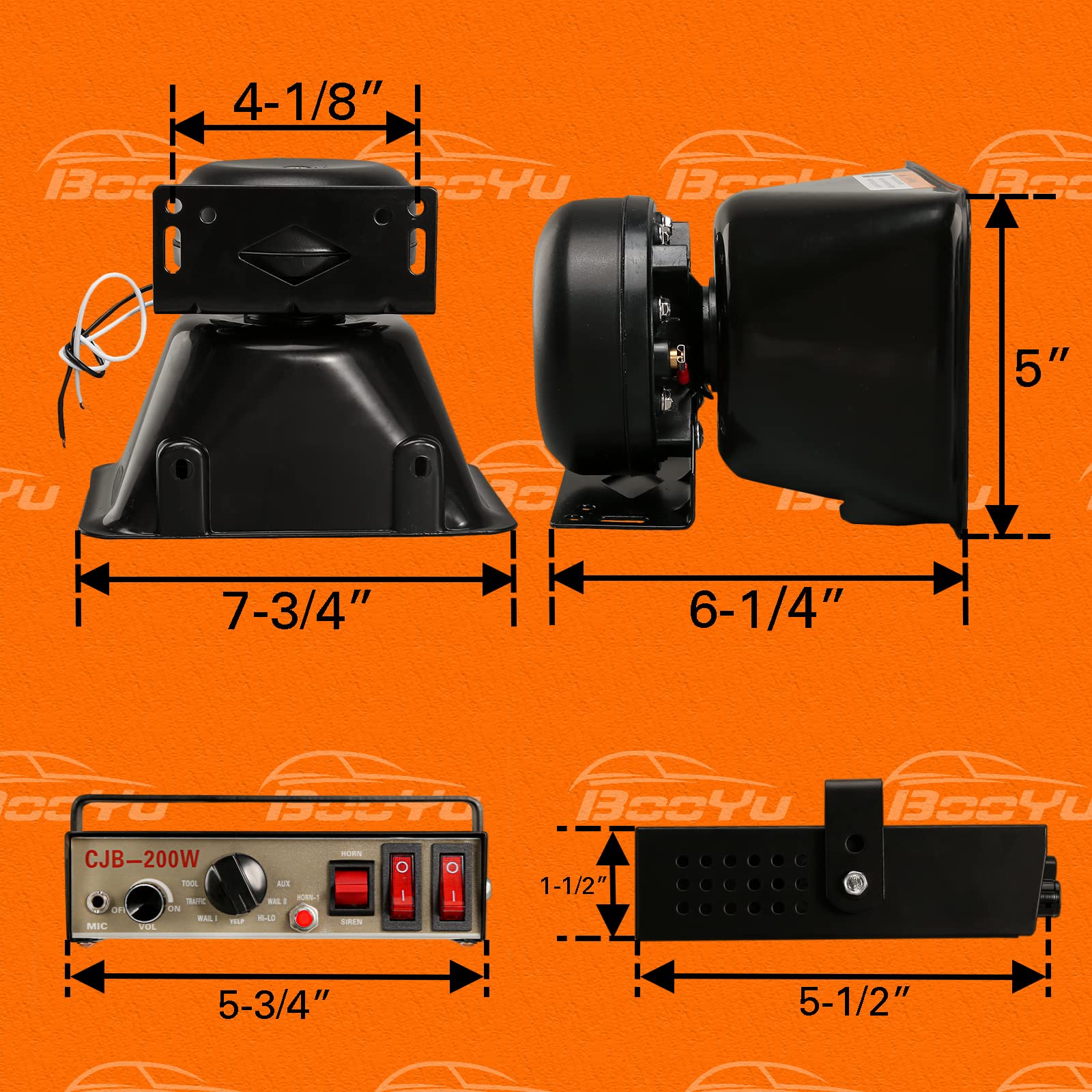 BooYu 12V 100W 9 Tones Police Warning Emergency Siren PA System [Rectangle Speaker][125-135dB][Handheld Microphone][Hands-Free][2 x 10A Switches] for Firefighter Ambulance Vehicles Truck SUV ATV UTV