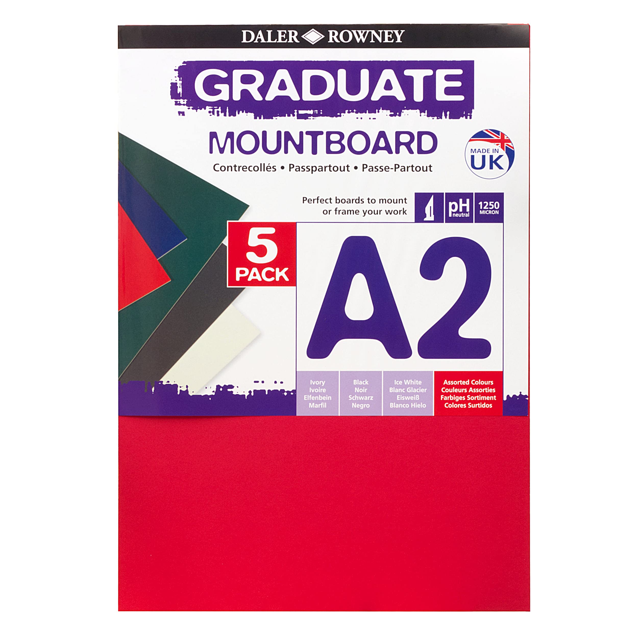 Daler-Rowney Graduate 1.25mm Thick A2 Cream Core Mountboard with a Smooth Surface Pack, 5 Assorted Colour Boards, For Students and Displays