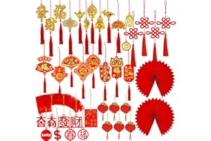 Winlyn 106 Pcs Chinese New Year Decorations Chinese Hanging Good Luck Ornaments Red Lanterns Festive Tree Ornaments Paper Fans for Asian Chinese Lunar New Year 2025 Year of The Snake Party Decor