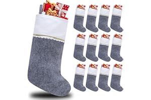 Tokforty 12 Pack Felt Christmas Stockings, 19 Inches Grey and White Christmas Stockings, White Cuff with Gold Trim Christmas Stockings for Family Christmas Holiday Decorations