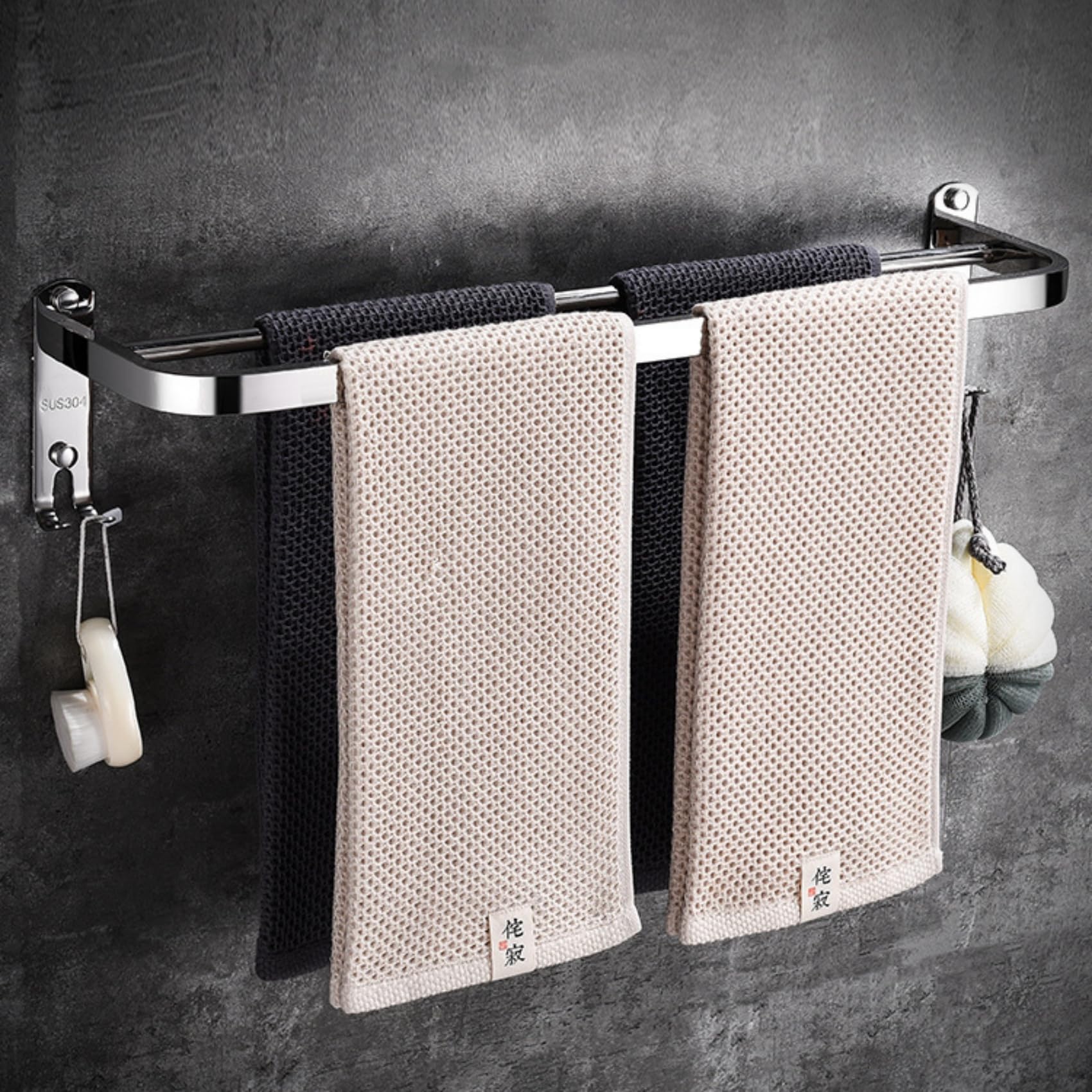 yozhch Towel Holder for Bathroom Towel Rack Wall Mounted Chrome Double Towel Rail with Hooks (Silver-23In)