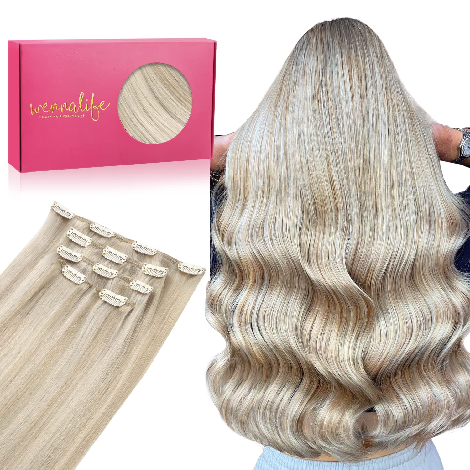 Wennalife Clip In Hair Extensions - 20 Inch 80g 5pcs Ash Blonde Highlighted Platinum Blonde Remy Human Hair Extensions - Natural Silky Real Hair — image 1